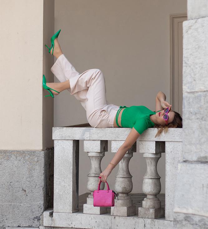 green heels, pink bag, girl, fashion, style, deichmann