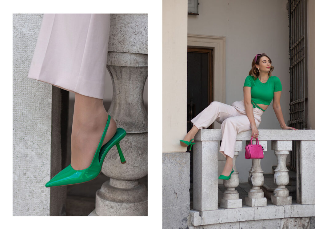 green heels, pink bag, girl, fashion, style, deichmann
